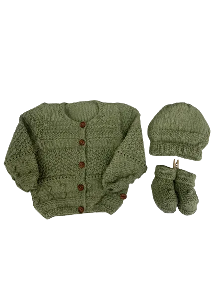 0-6M Pistachio Alpaca  Cardigan   Hat   Booties Set | Ida & Ish