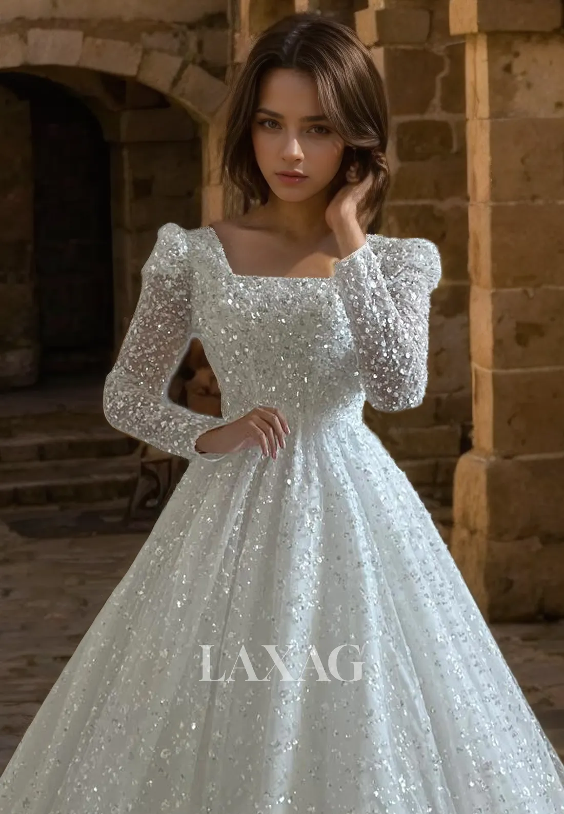 15506 - Sparkly Long Sleeves Glitter Sequined Bridal Wedding Gown