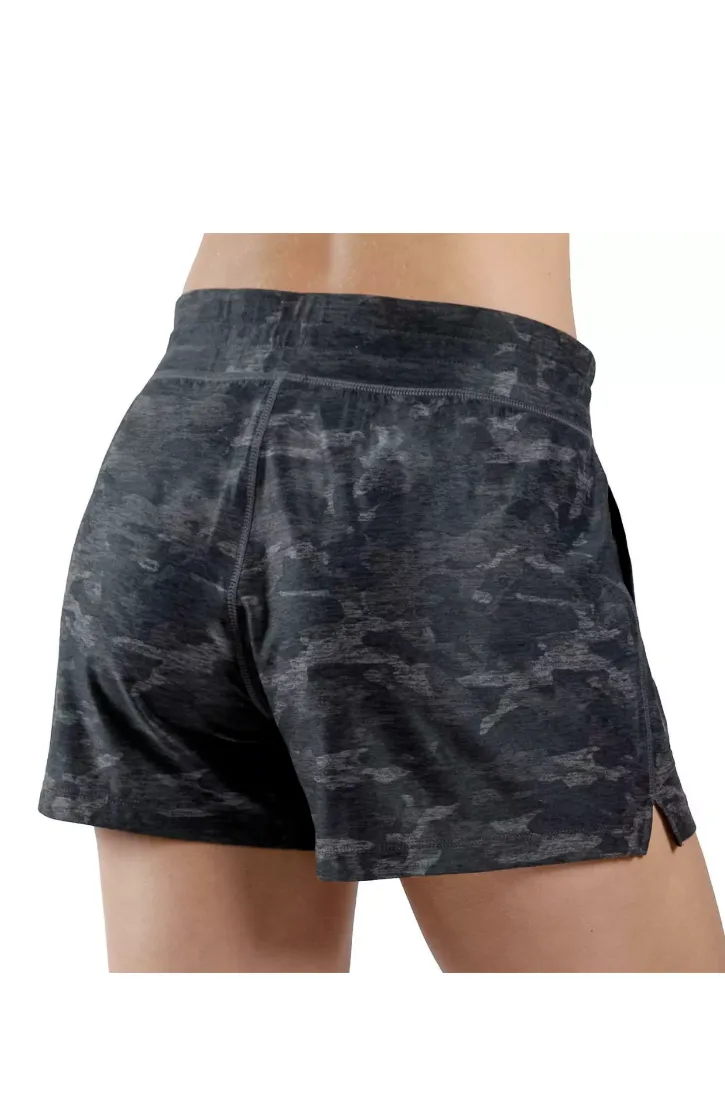 90 Degree By Reflex Women's Black Camo Soft Drawstring Casual Lounge Shorts