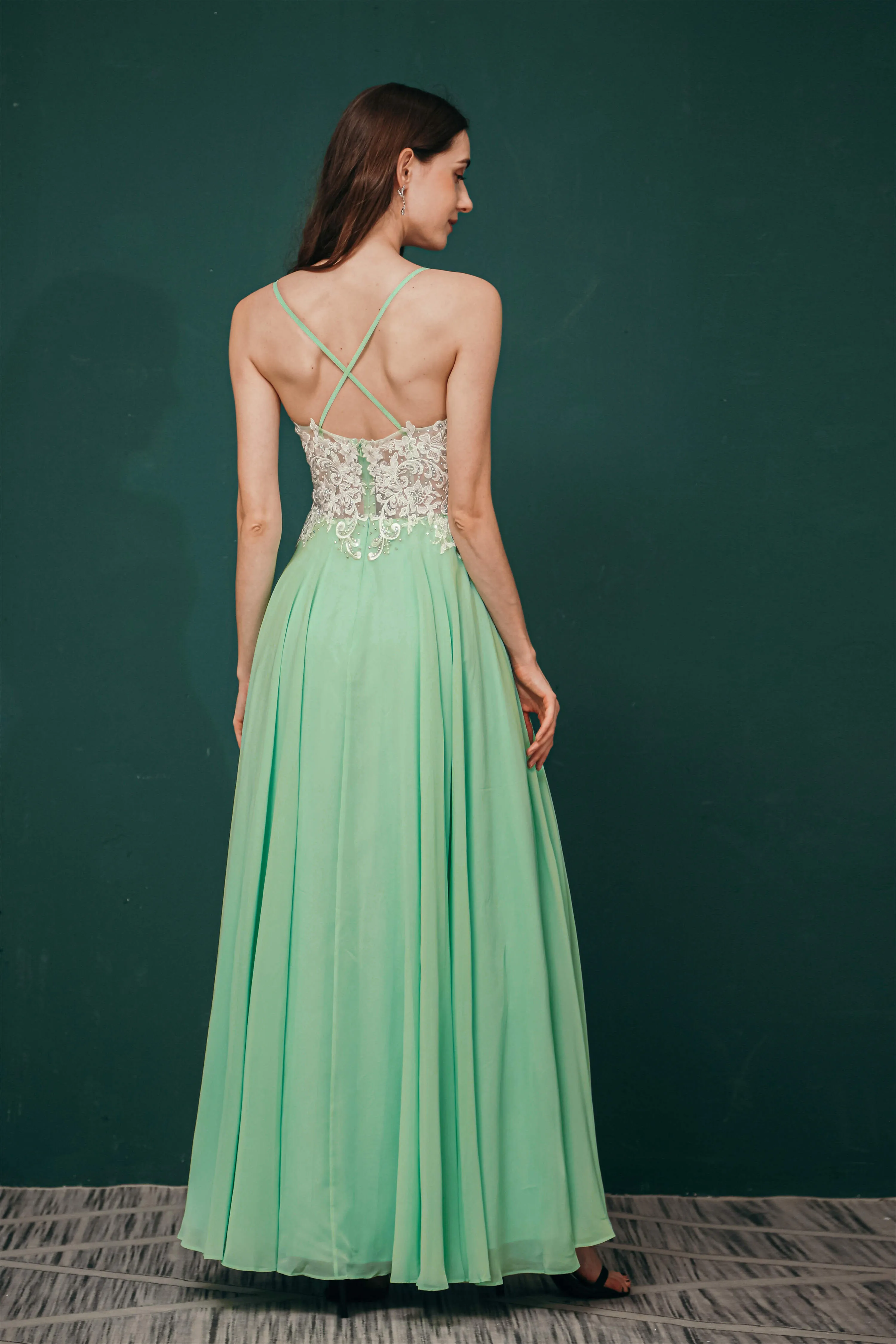 A-line Spaghetti Straps Side Split Long Prom Dresses