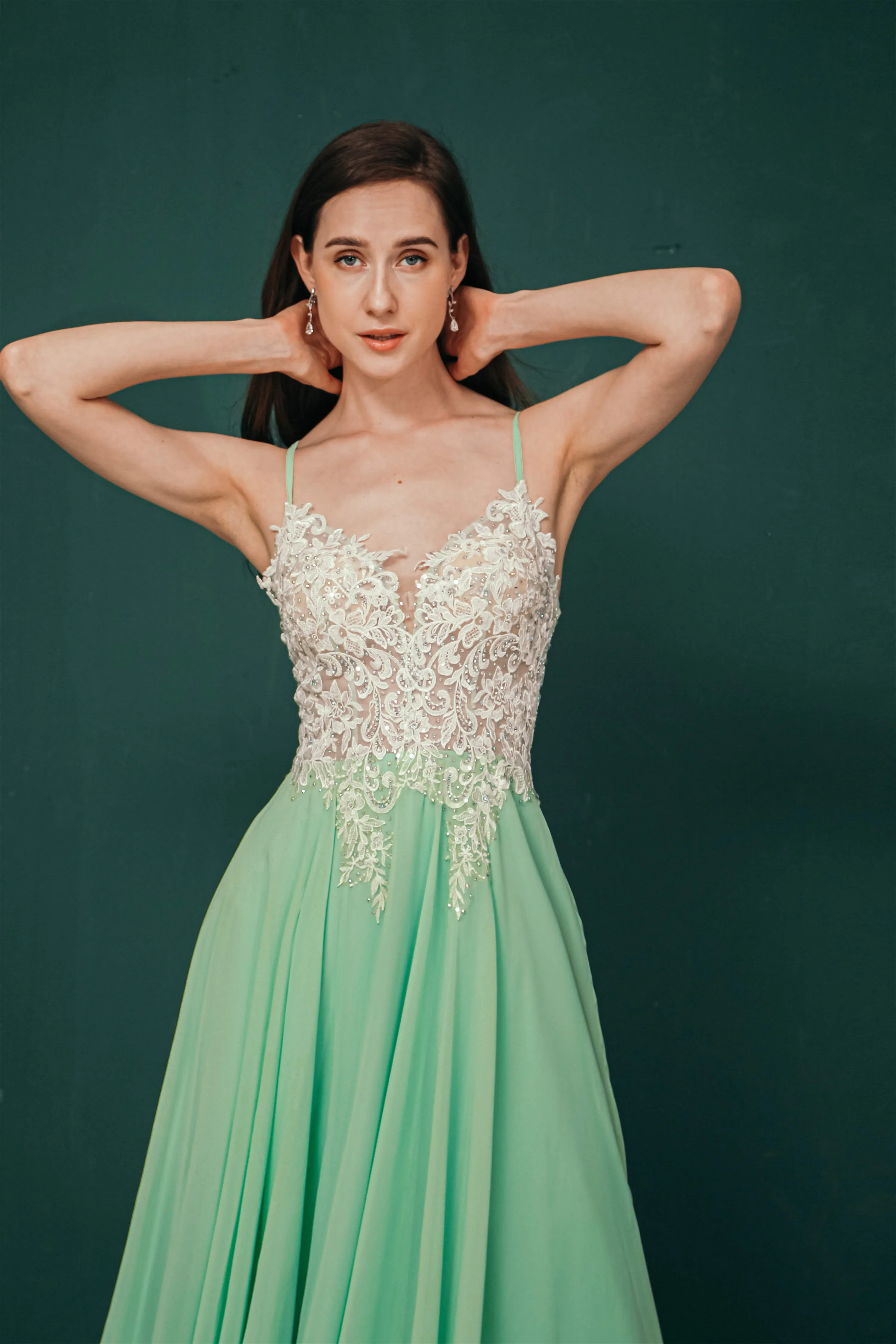 A-line Spaghetti Straps Side Split Long Prom Dresses