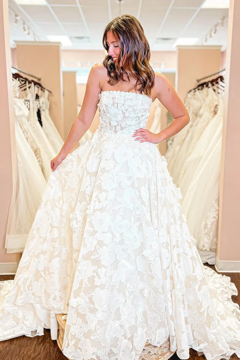 A-Line Strapless Floral Lace Wedding Dresses