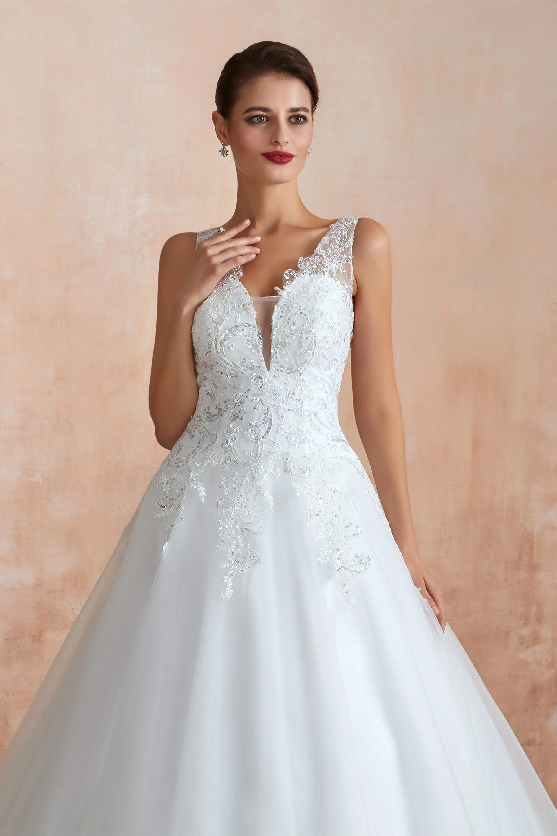 A-line with Sequined Appliques Tulle Illusion Back Wedding Dresses