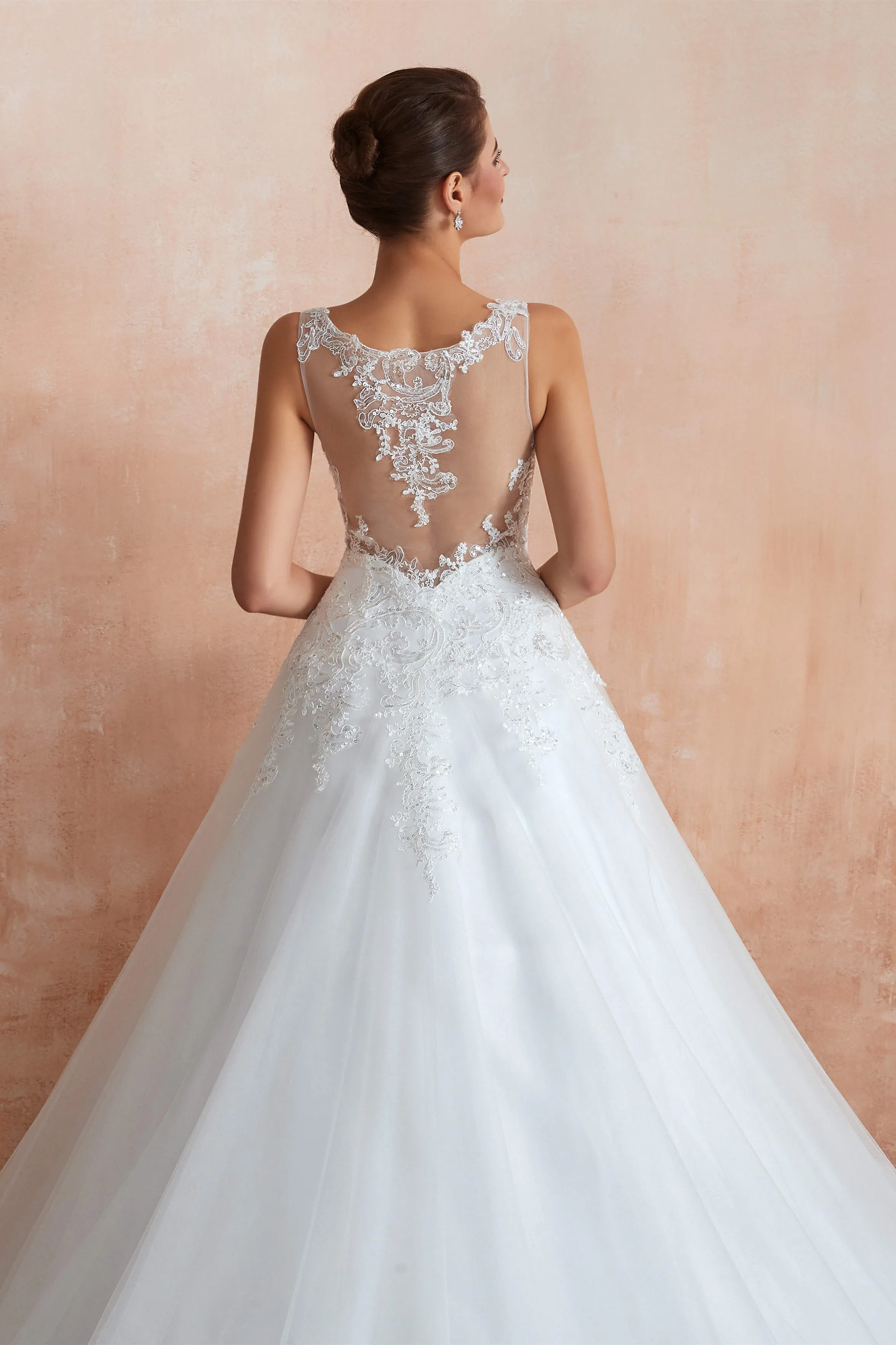 A-line with Sequined Appliques Tulle Illusion Back Wedding Dresses