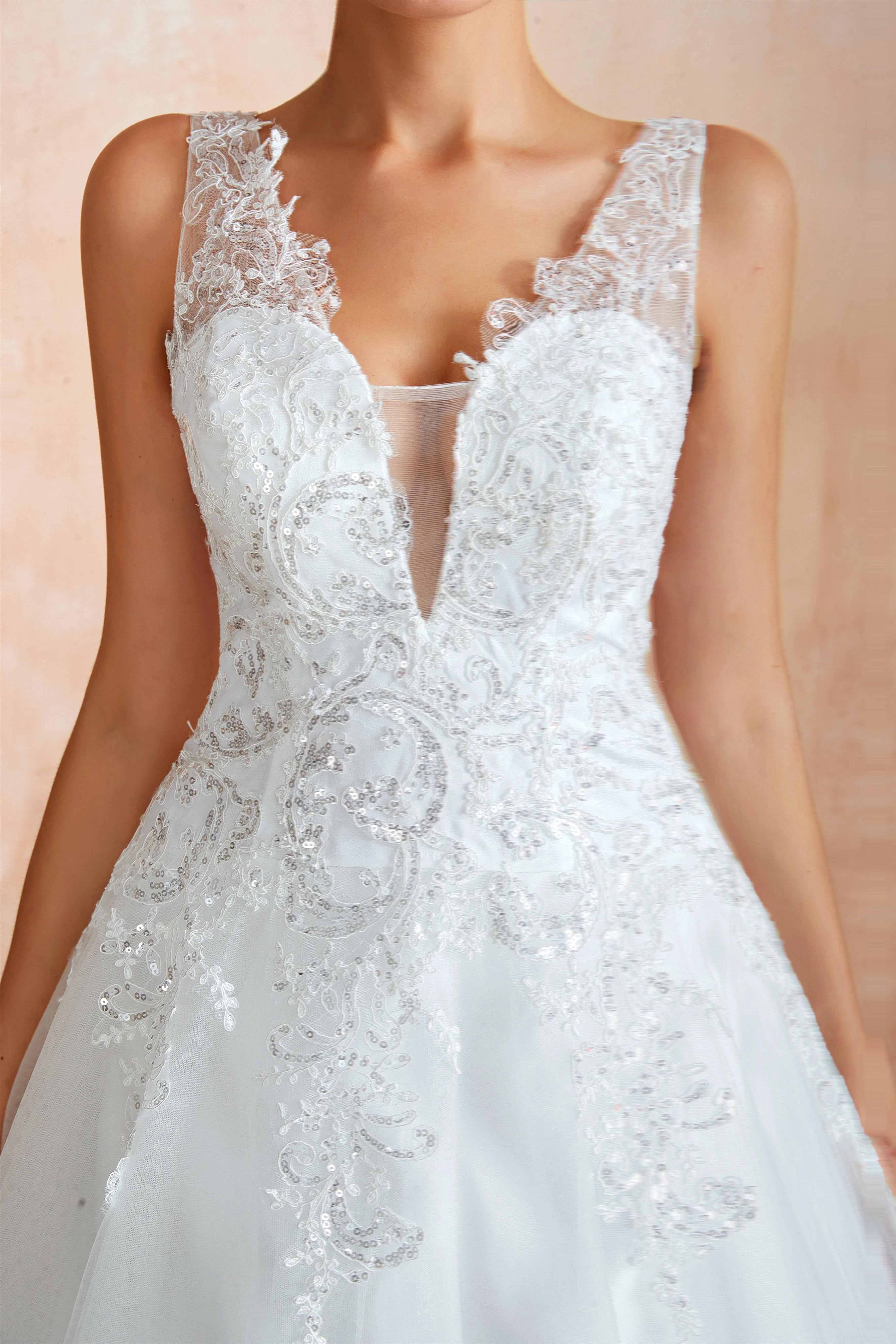 A-line with Sequined Appliques Tulle Illusion Back Wedding Dresses