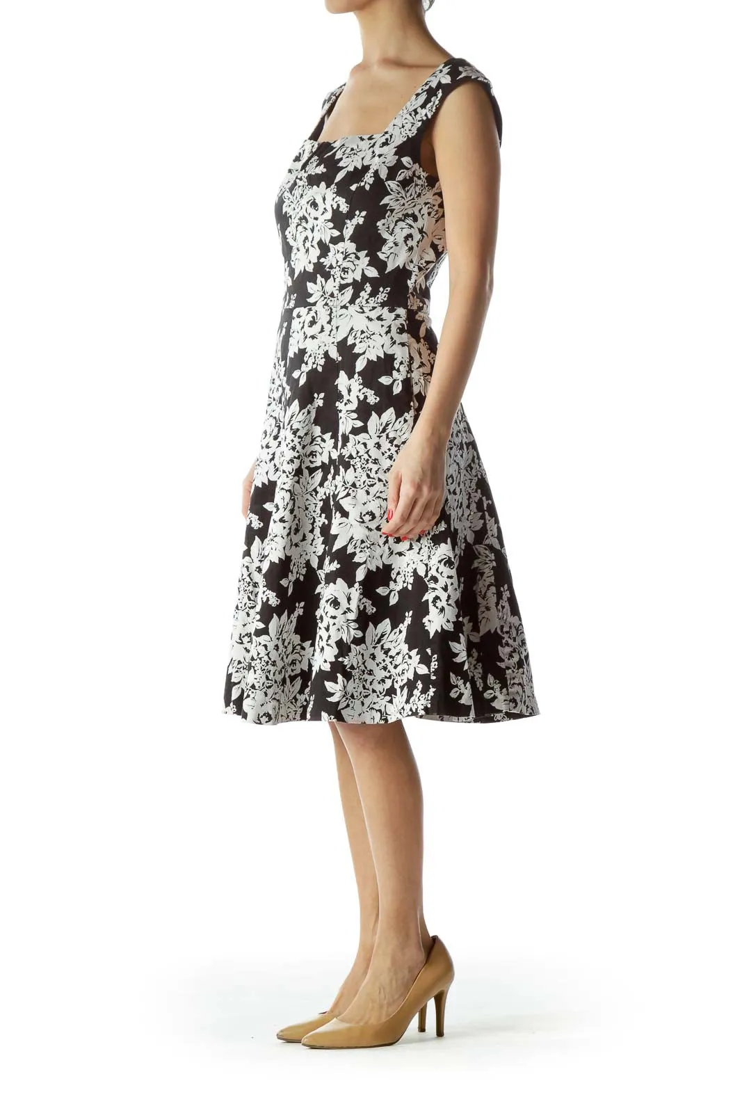 Black and White Floral A-Line Dress