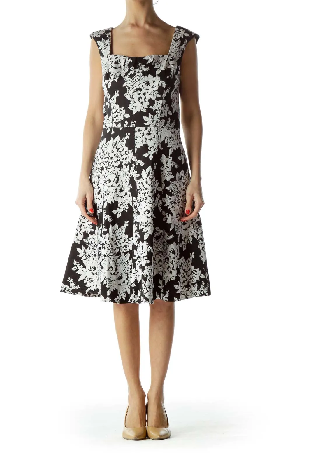 Black and White Floral A-Line Dress