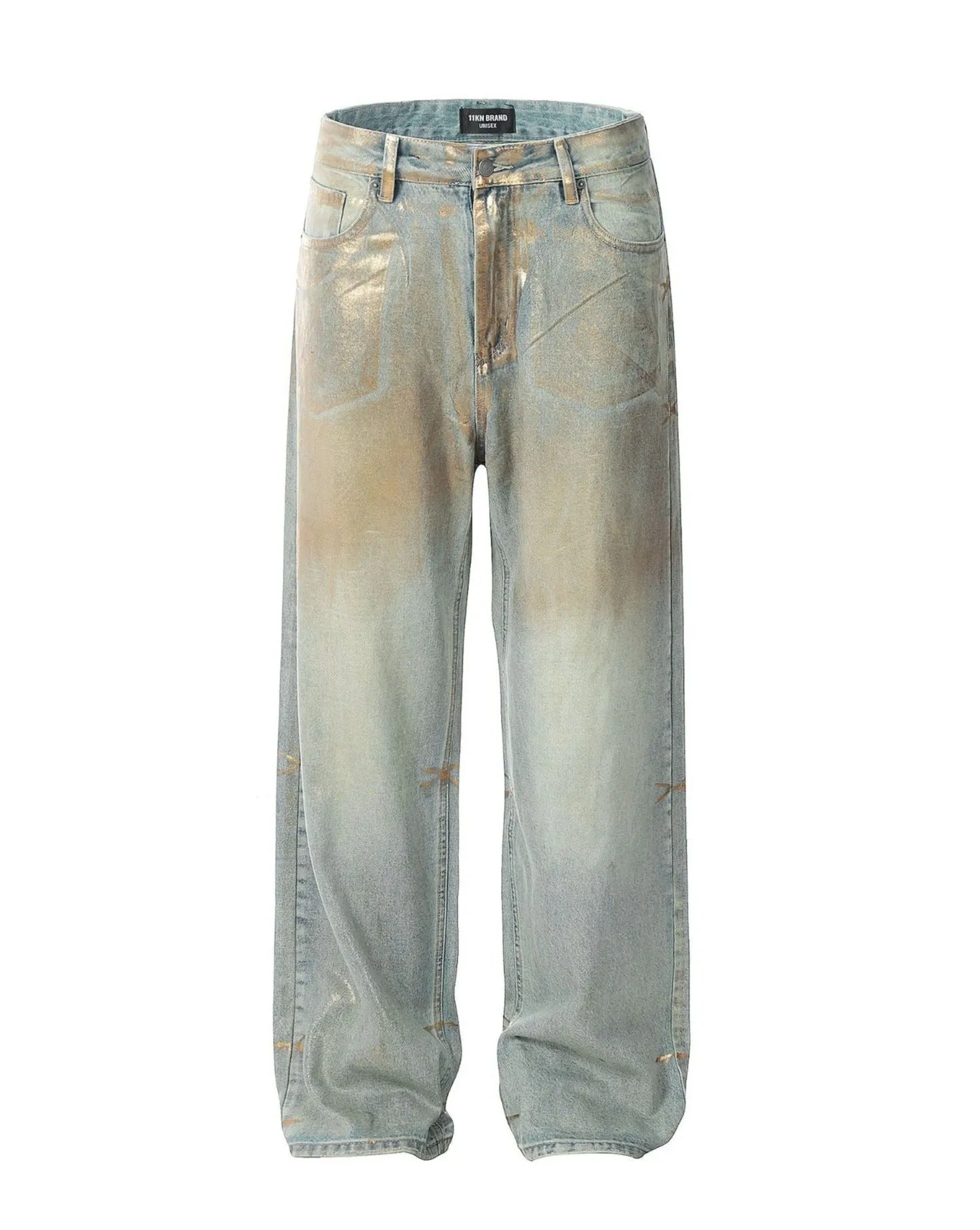 Brush Gold Straight-Leg Metal Baggy Jeans