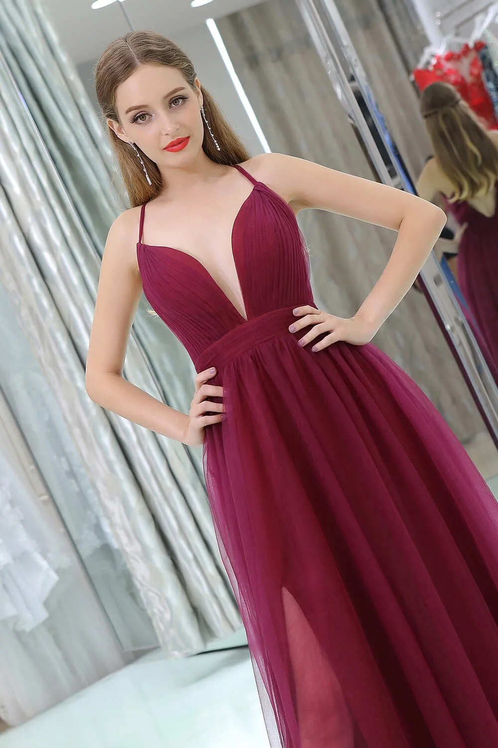 Burgundy A Line Floor Length Deep V Neck Sleeveless Side Slit Prom Dresses