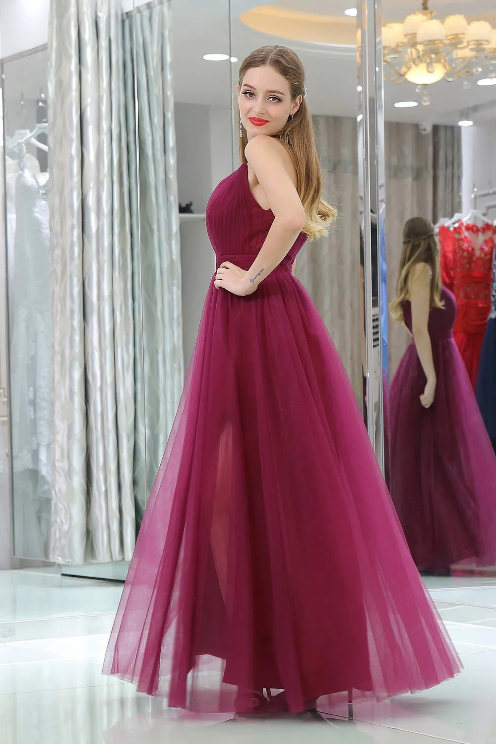 Burgundy A Line Floor Length Deep V Neck Sleeveless Side Slit Prom Dresses