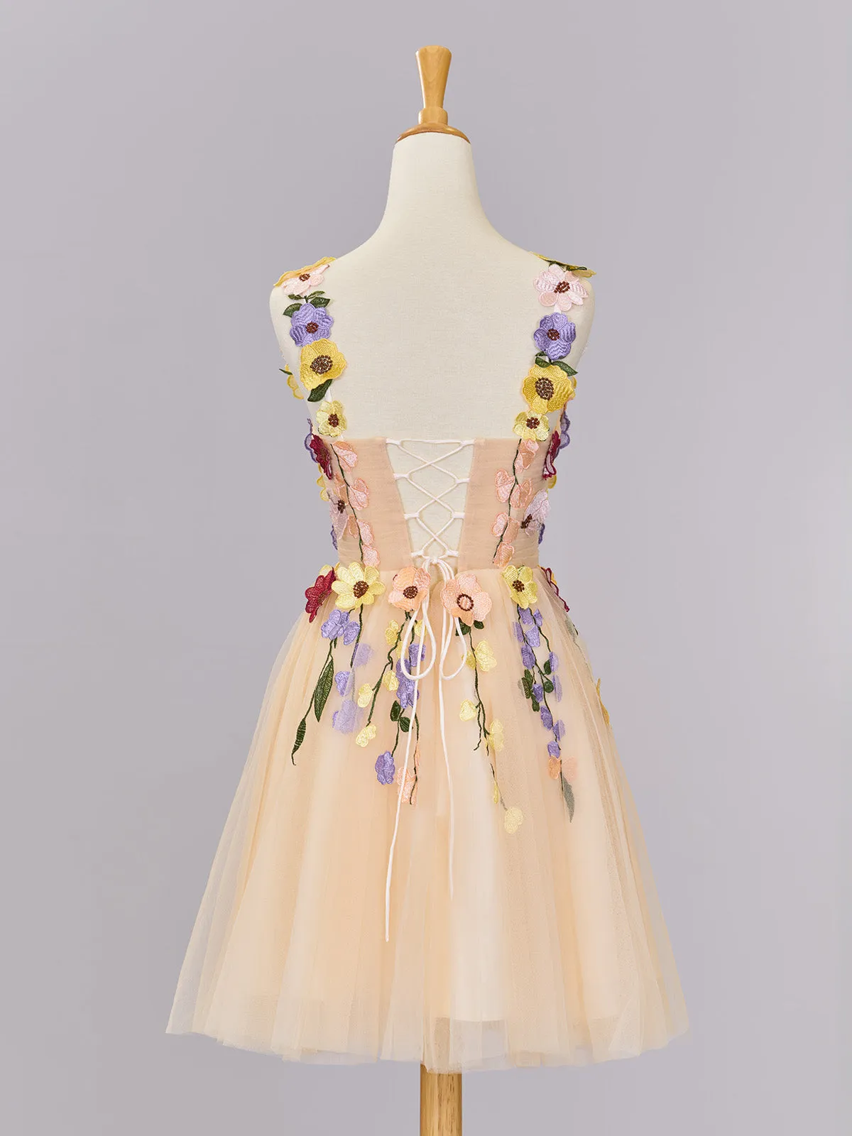 Champagne A-line Tulle Homecoming Dress with 3D Flowers