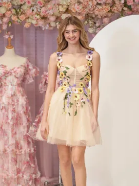 Champagne A-line Tulle Homecoming Dress with 3D Flowers