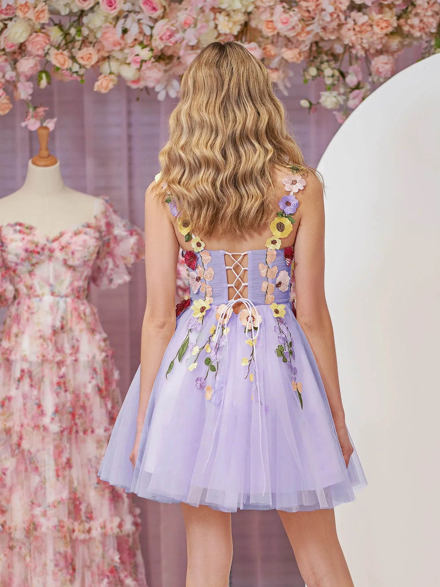 Champagne A-line Tulle Homecoming Dress with 3D Flowers