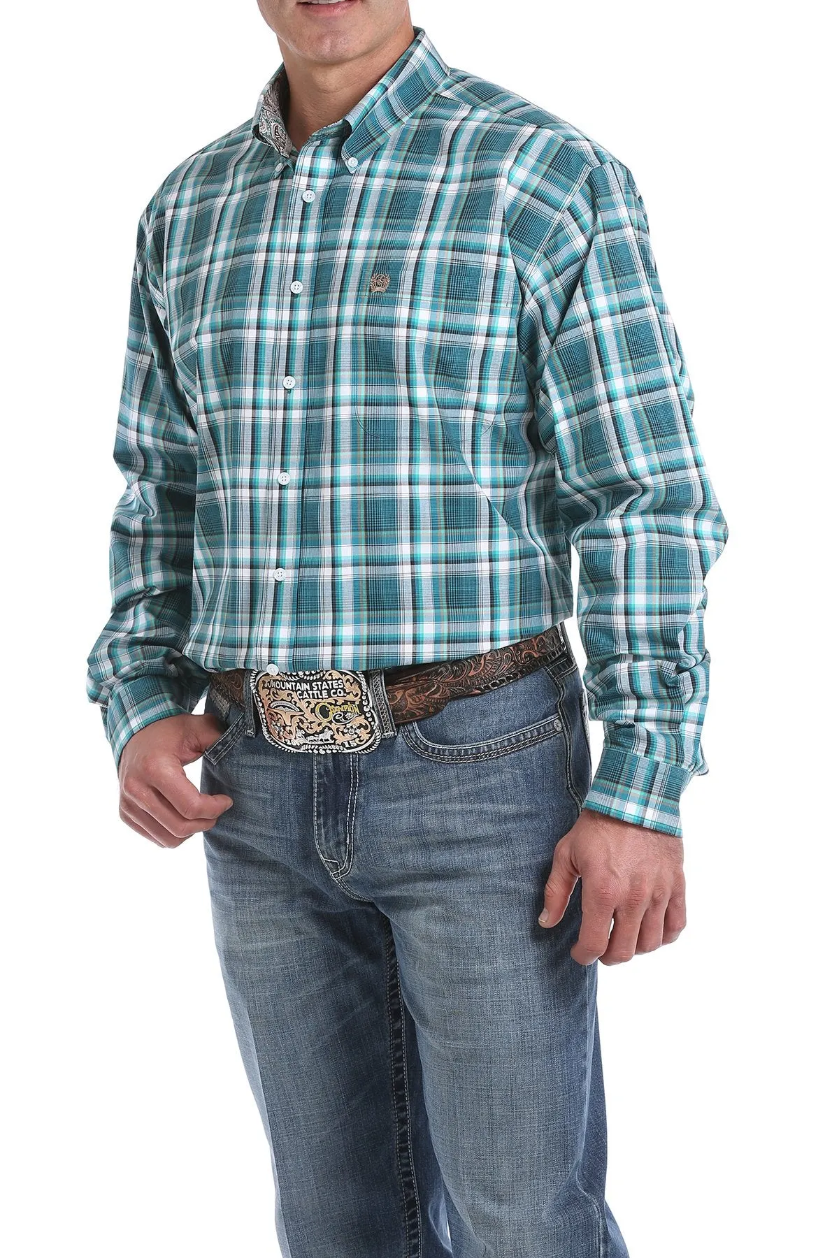 Cinch Men's Green, Khaki and White Plaid Button-Down Western Shirt