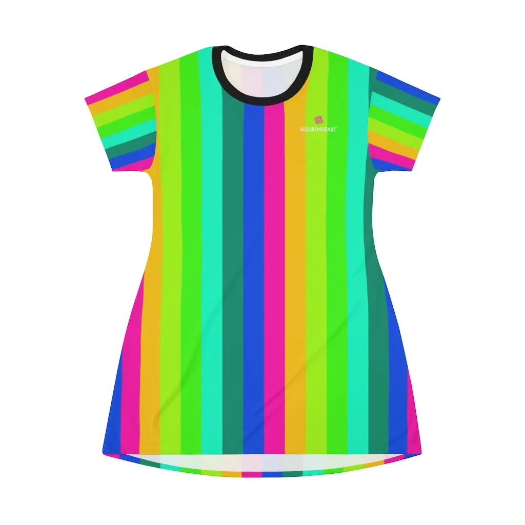 Colorful Rainbow Striped T-Shirt Dress, Gay Pride Vertical Striped Women's Crew Neck Dress - Made in USA