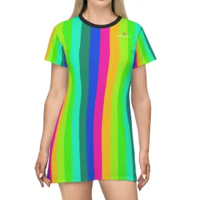 Colorful Rainbow Striped T-Shirt Dress, Gay Pride Vertical Striped Women's Crew Neck Dress - Made in USA