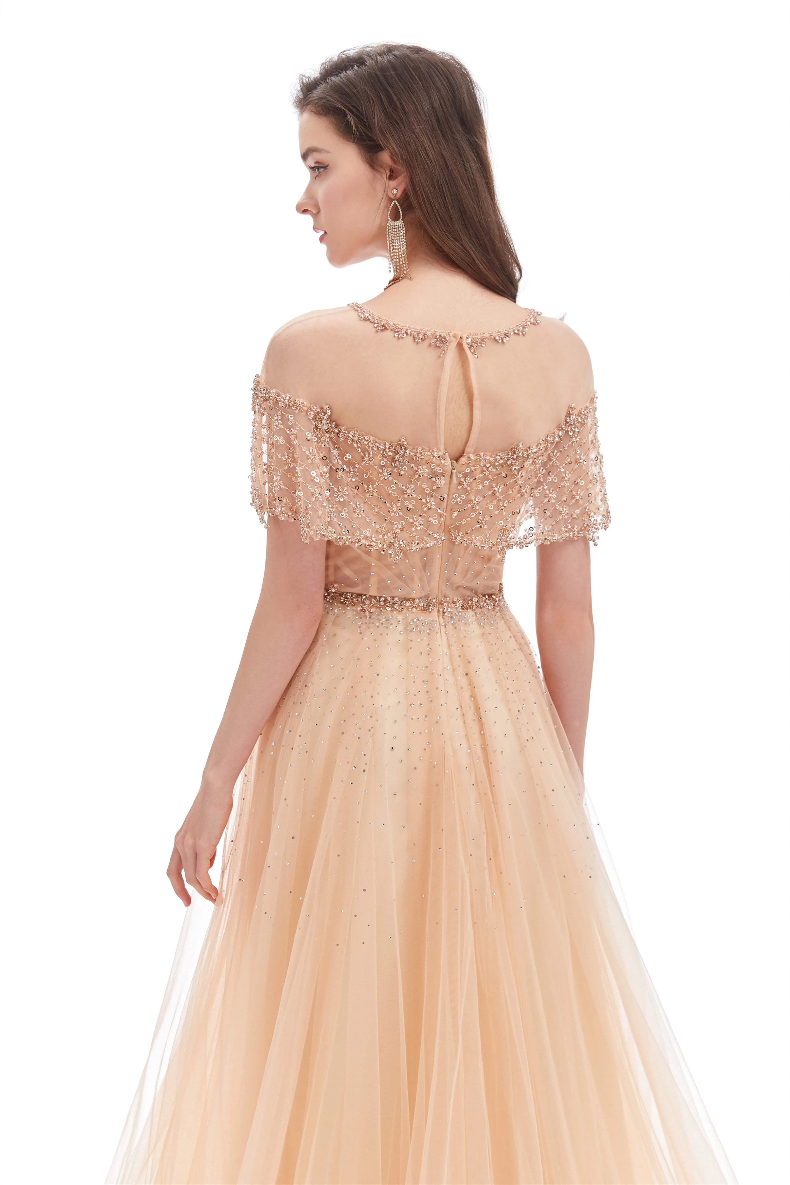 Crystal O-Neck Sleeveless A Line Tulle Prom Dresses