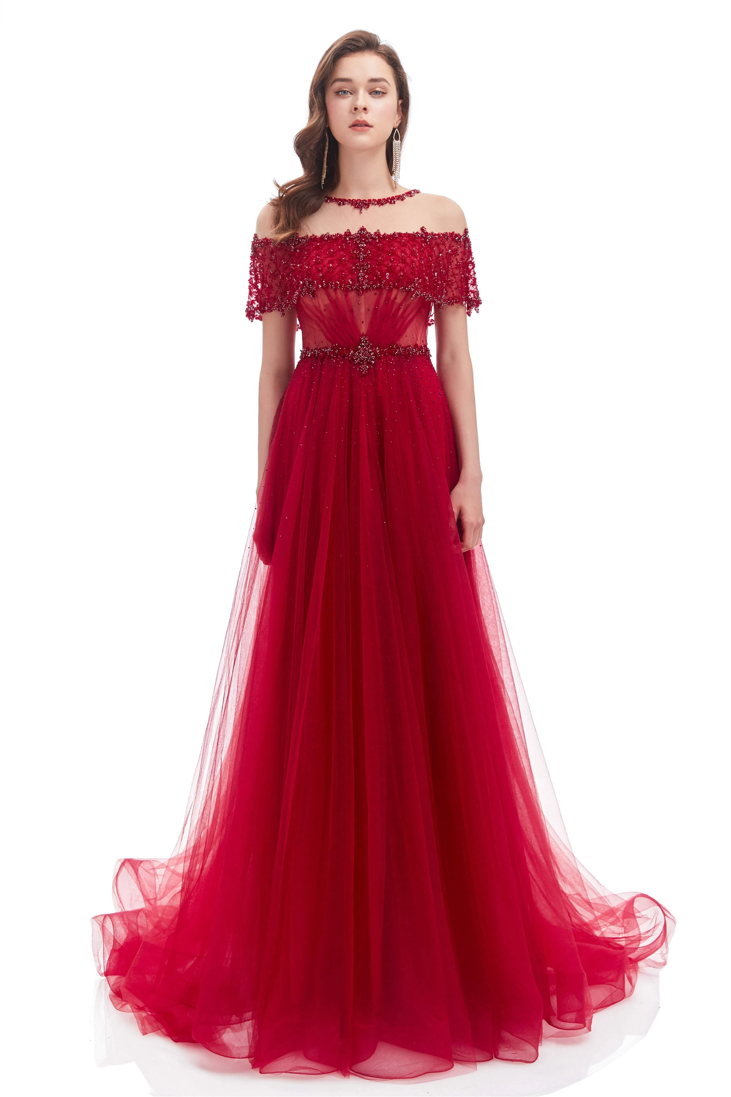 Crystal O-Neck Sleeveless A Line Tulle Prom Dresses