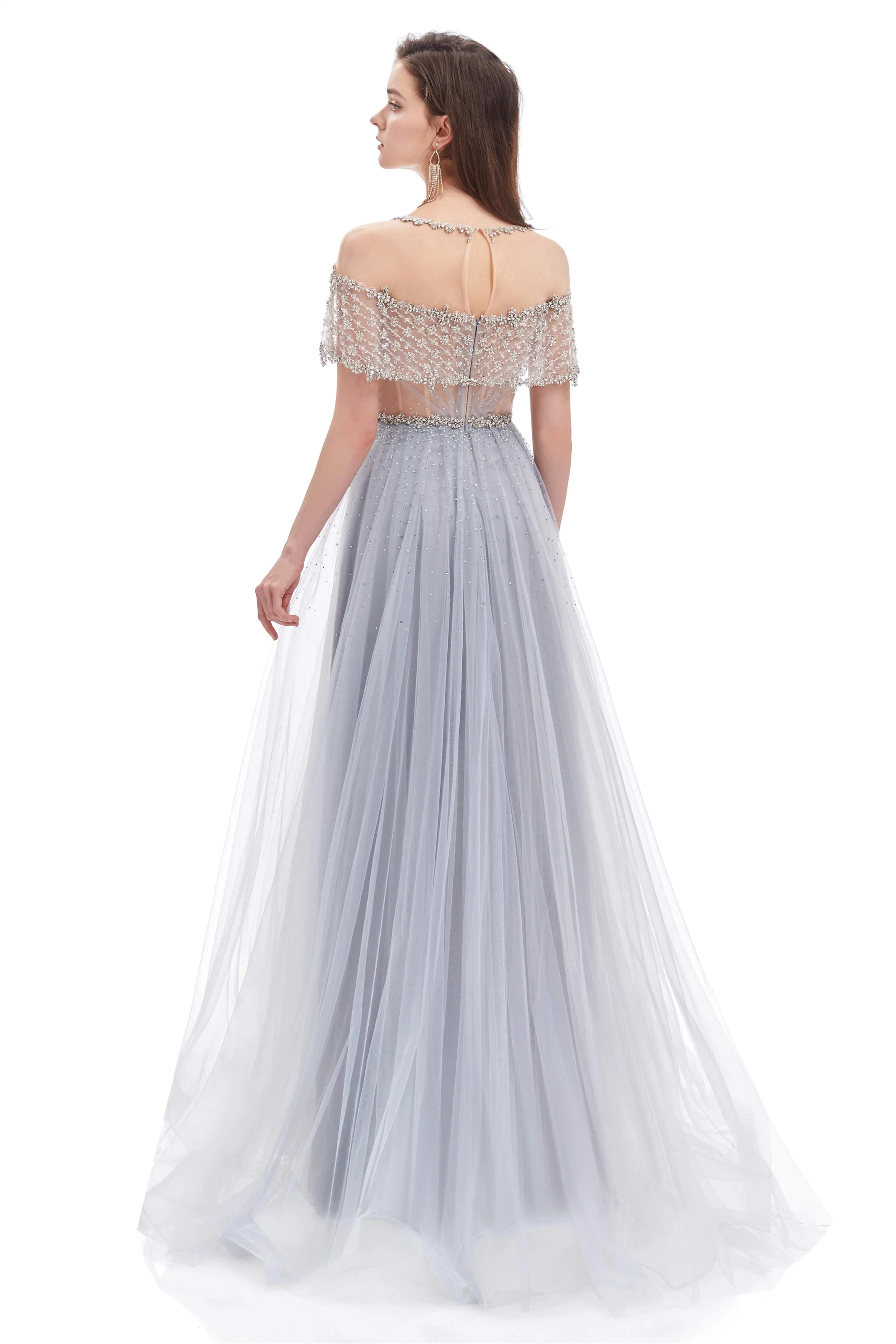 Crystal O-Neck Sleeveless A Line Tulle Prom Dresses