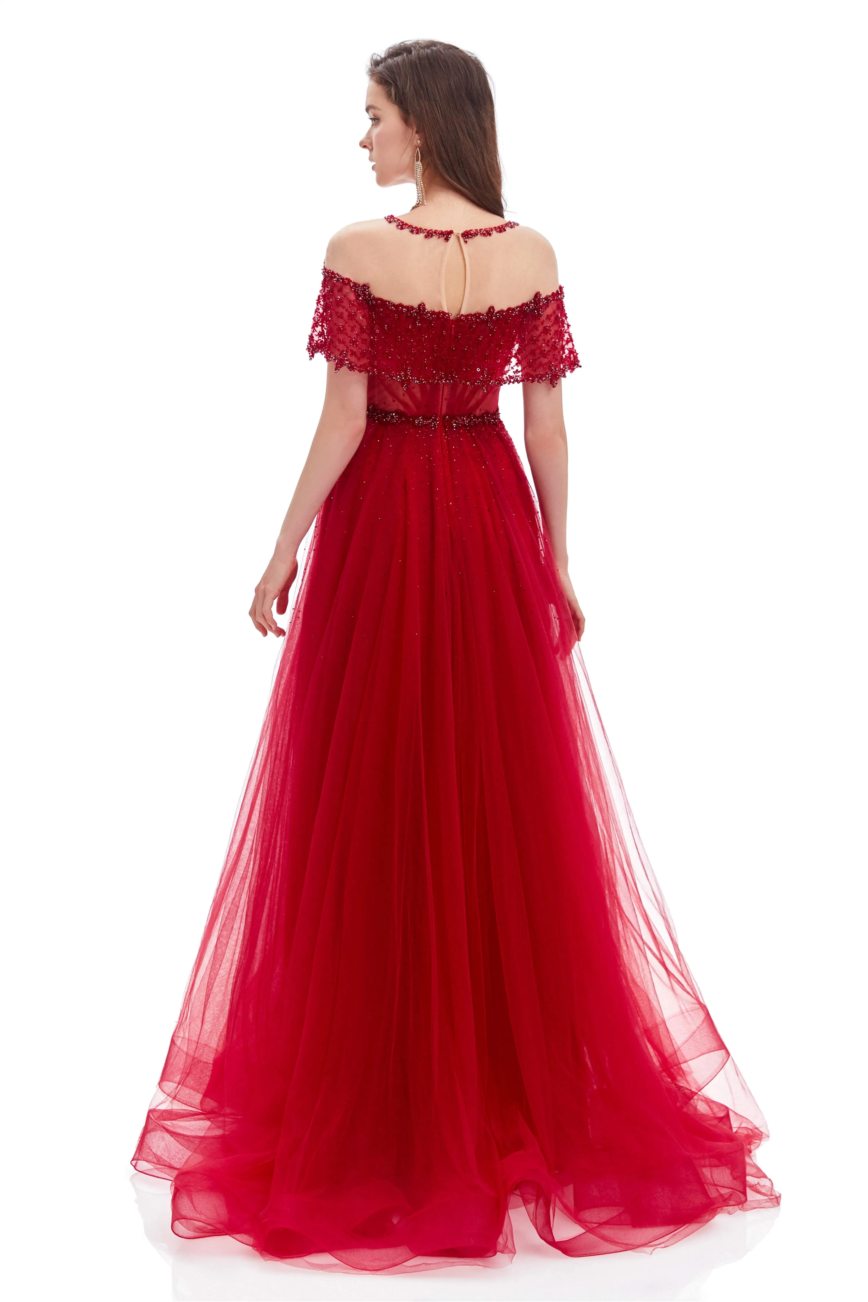 Crystal O-Neck Sleeveless A Line Tulle Prom Dresses