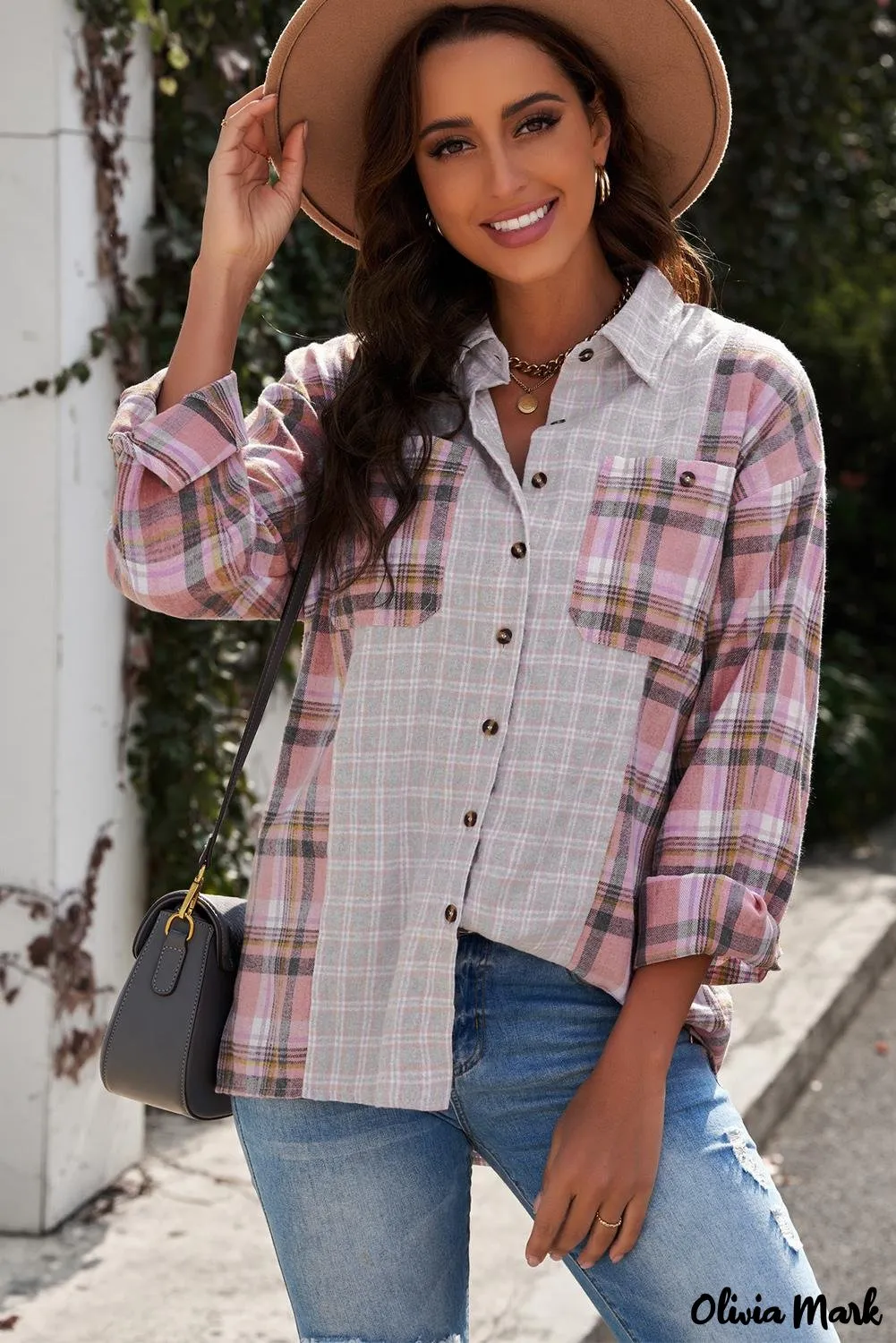 Deanwangkt - Pink Plaid Button Down Long Sleeve Shirt With Color Block Pocket