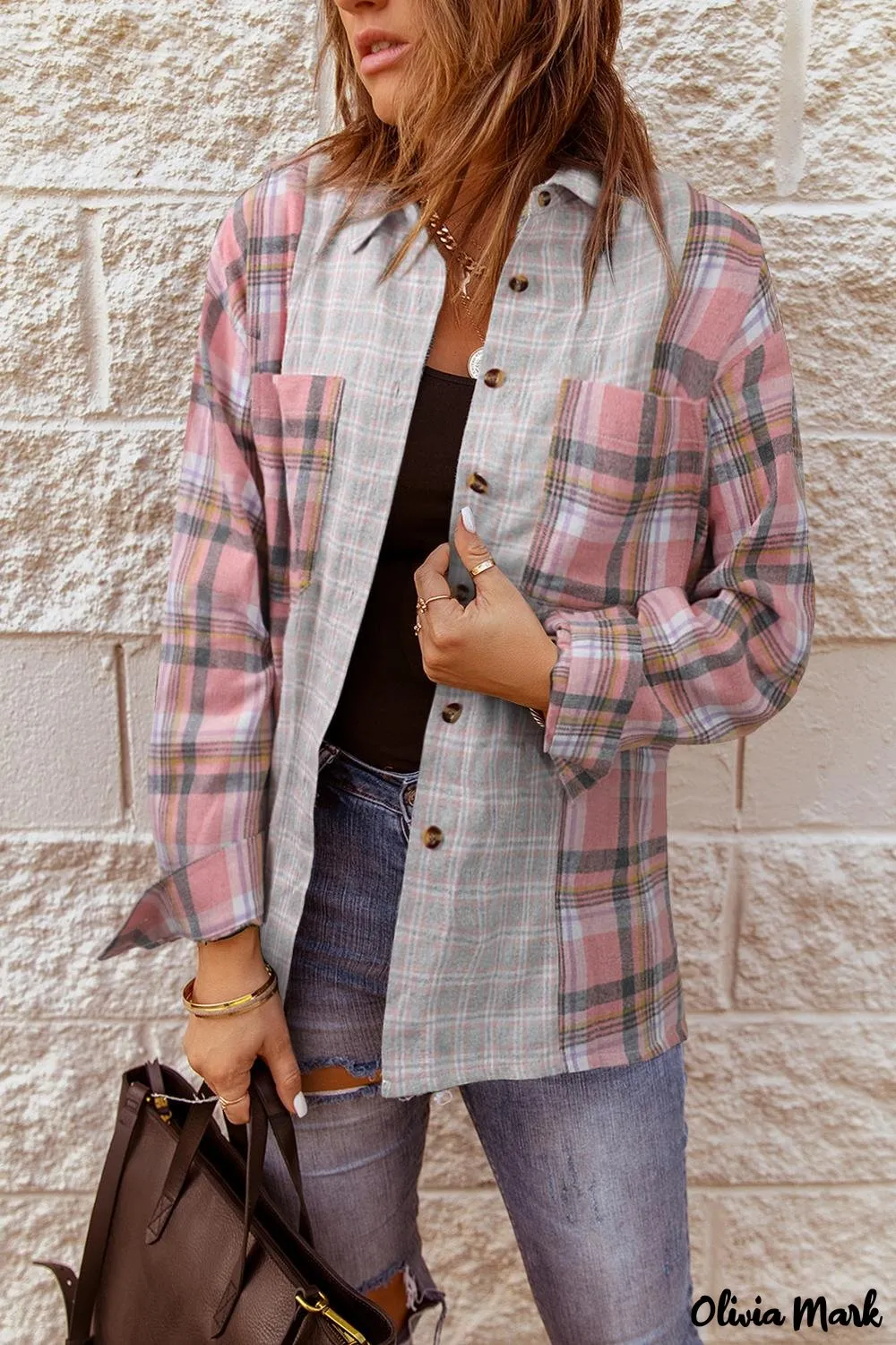 Deanwangkt - Pink Plaid Button Down Long Sleeve Shirt With Color Block Pocket