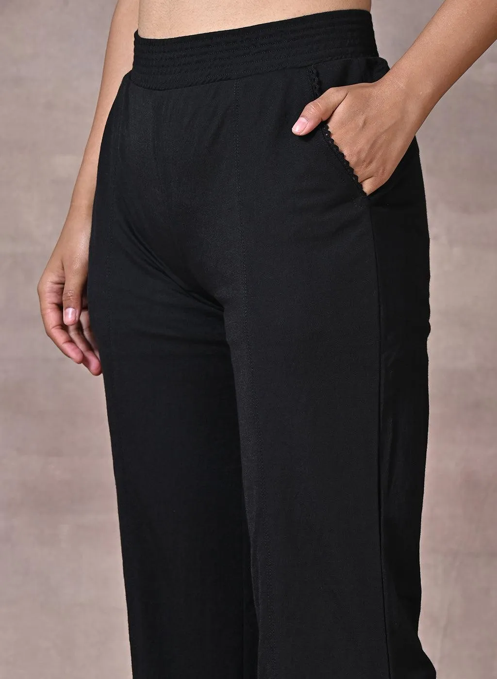 Esha Black Modal Linen Relaxed Fit Pants for Women