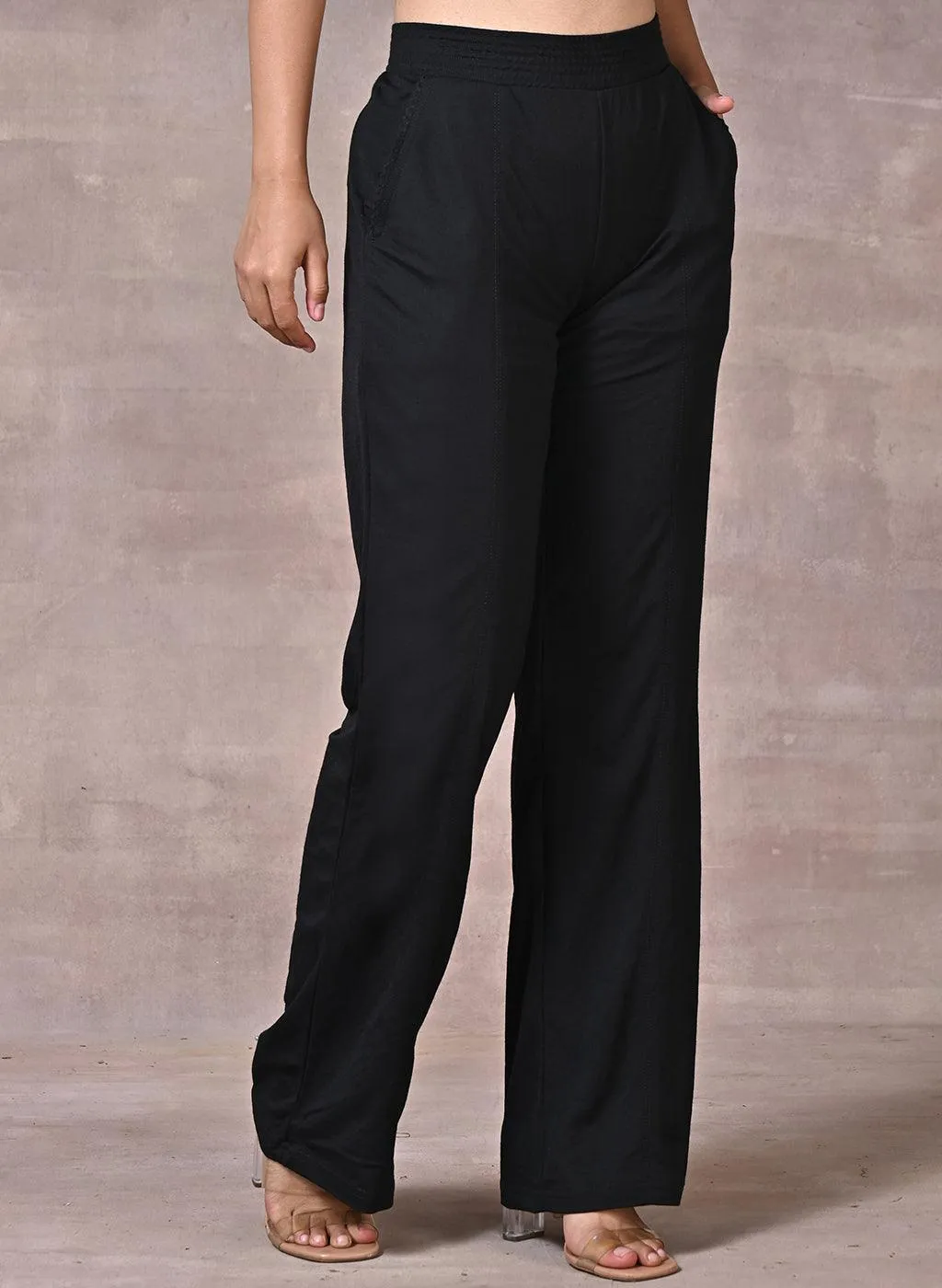 Esha Black Modal Linen Relaxed Fit Pants for Women