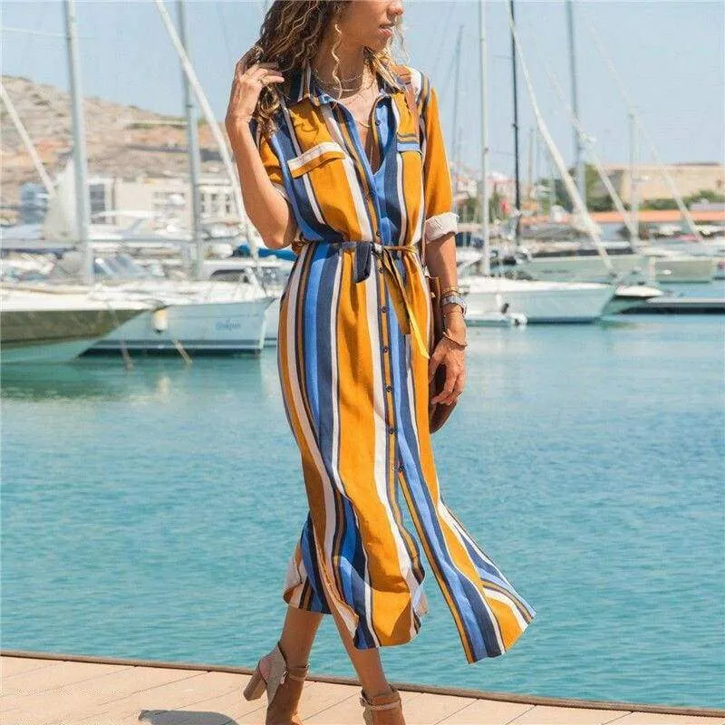 FashionSierra - New Spring Women's arrival Stripe T-Shirt High waist Casual Beach style Loose Shirt Long Dress