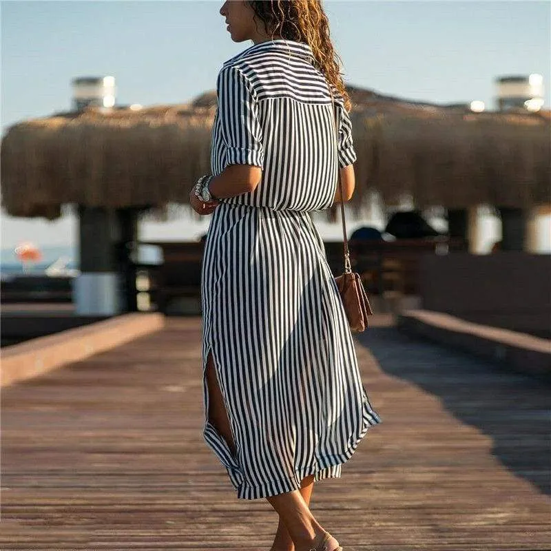 FashionSierra - New Spring Women's arrival Stripe T-Shirt High waist Casual Beach style Loose Shirt Long Dress