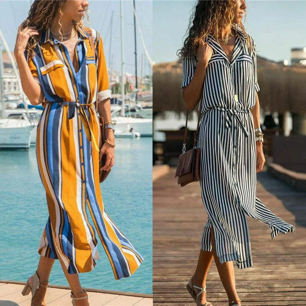 FashionSierra - New Spring Women's arrival Stripe T-Shirt High waist Casual Beach style Loose Shirt Long Dress