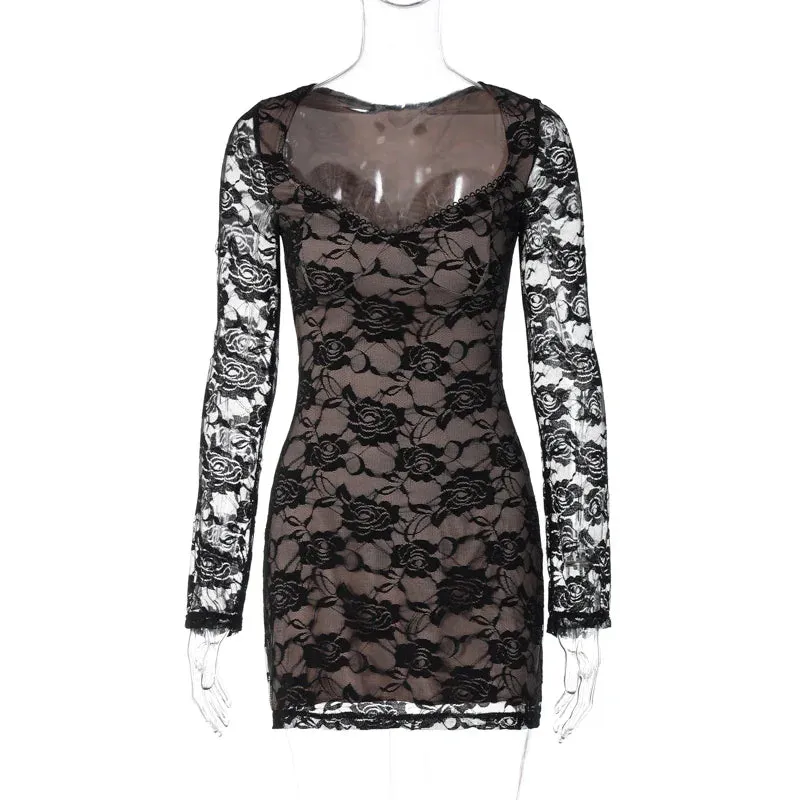 Floral Long Sleeve Mesh Patchwork Sexy Bodycon Vacation Nightclub Midi Dress