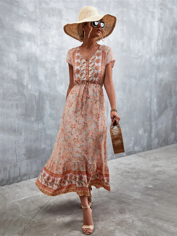 Floral V-Neck Waist Tie Ruffle Hem Midi Maxi Dress