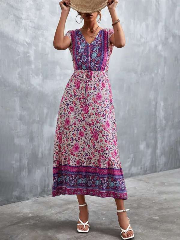 Floral V-Neck Waist Tie Ruffle Hem Midi Maxi Dress