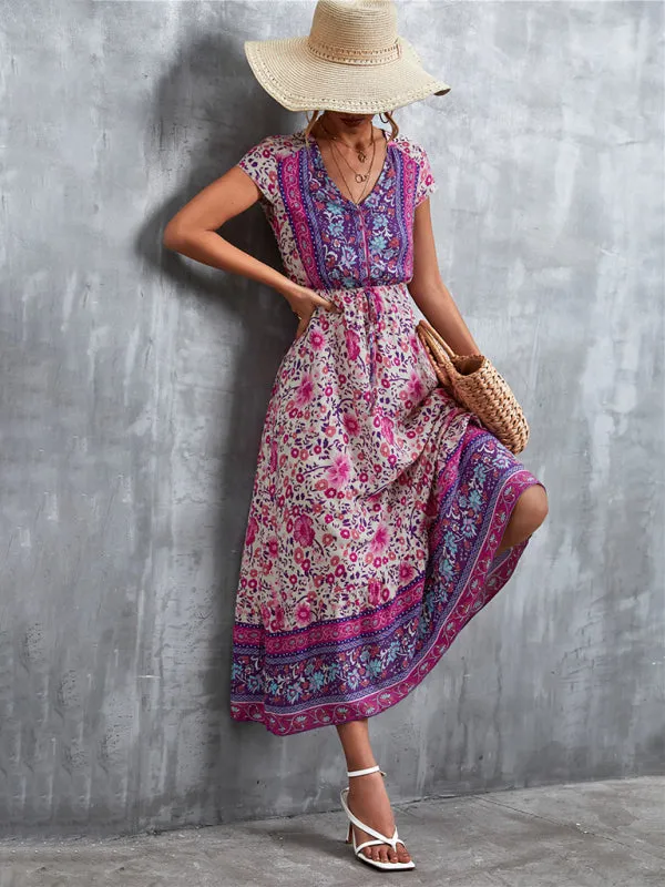 Floral V-Neck Waist Tie Ruffle Hem Midi Maxi Dress