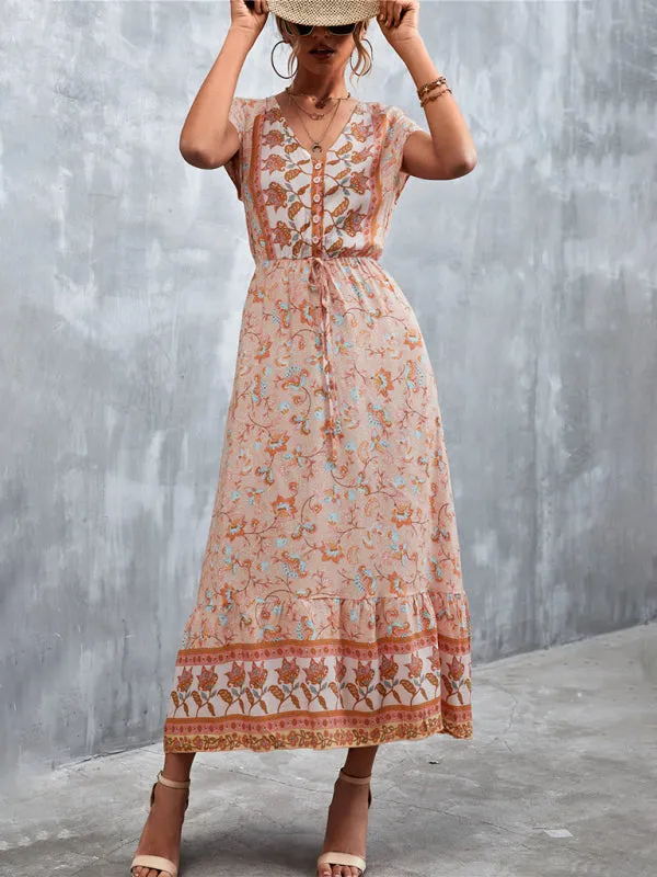 Floral V-Neck Waist Tie Ruffle Hem Midi Maxi Dress