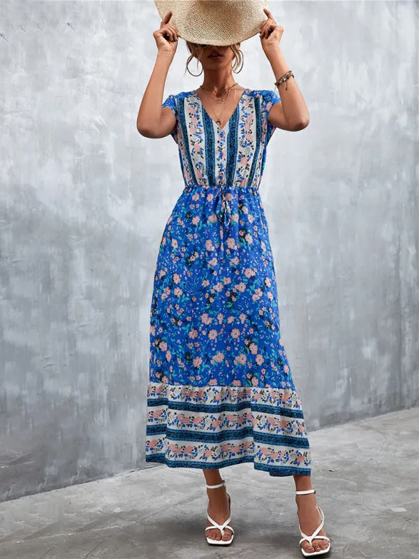 Floral V-Neck Waist Tie Ruffle Hem Midi Maxi Dress