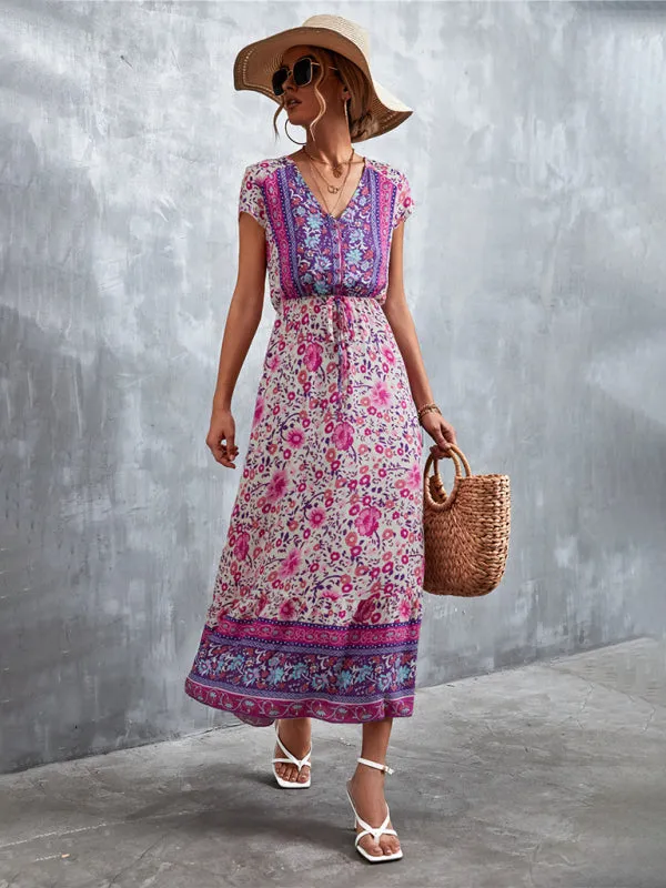 Floral V-Neck Waist Tie Ruffle Hem Midi Maxi Dress