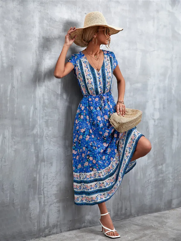 Floral V-Neck Waist Tie Ruffle Hem Midi Maxi Dress