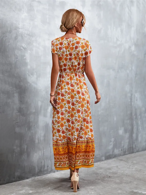 Floral V-Neck Waist Tie Ruffle Hem Midi Maxi Dress