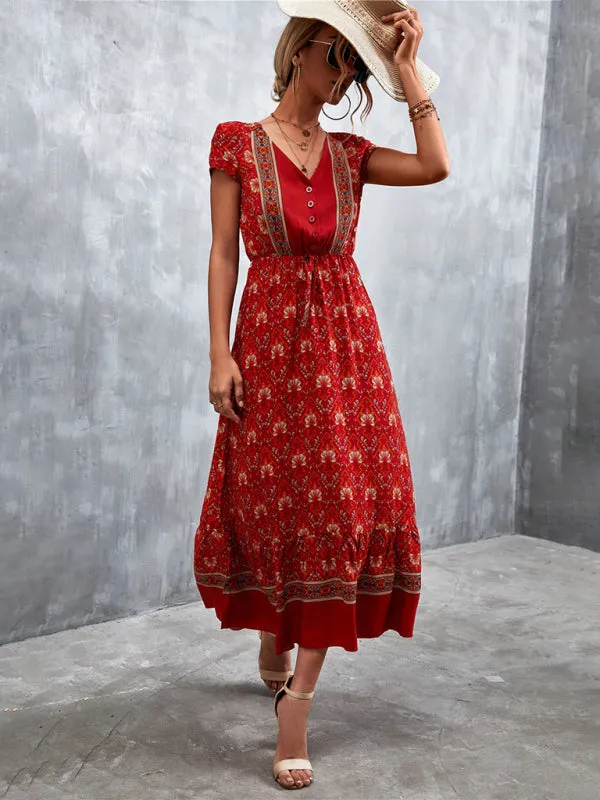 Floral V-Neck Waist Tie Ruffle Hem Midi Maxi Dress