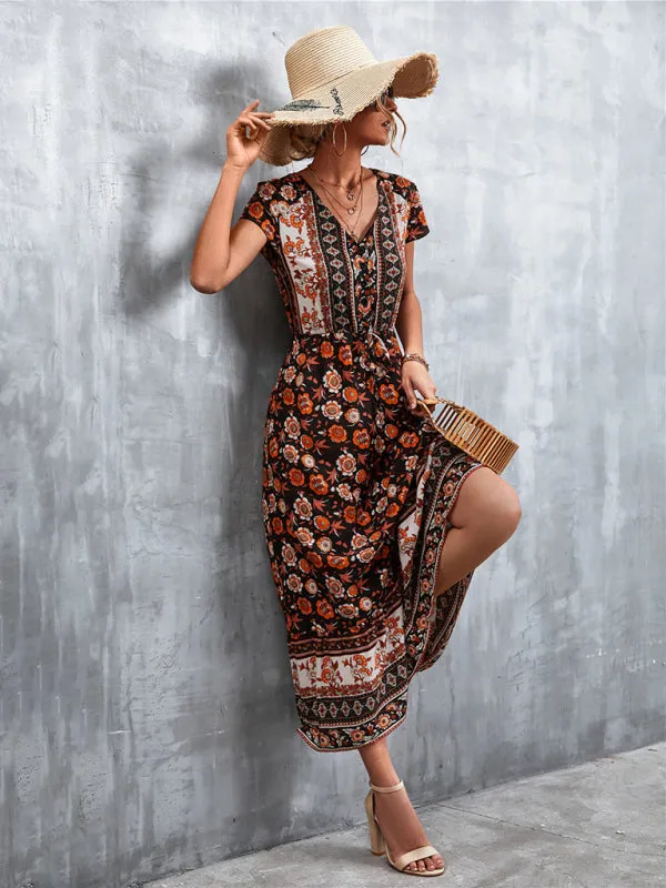 Floral V-Neck Waist Tie Ruffle Hem Midi Maxi Dress