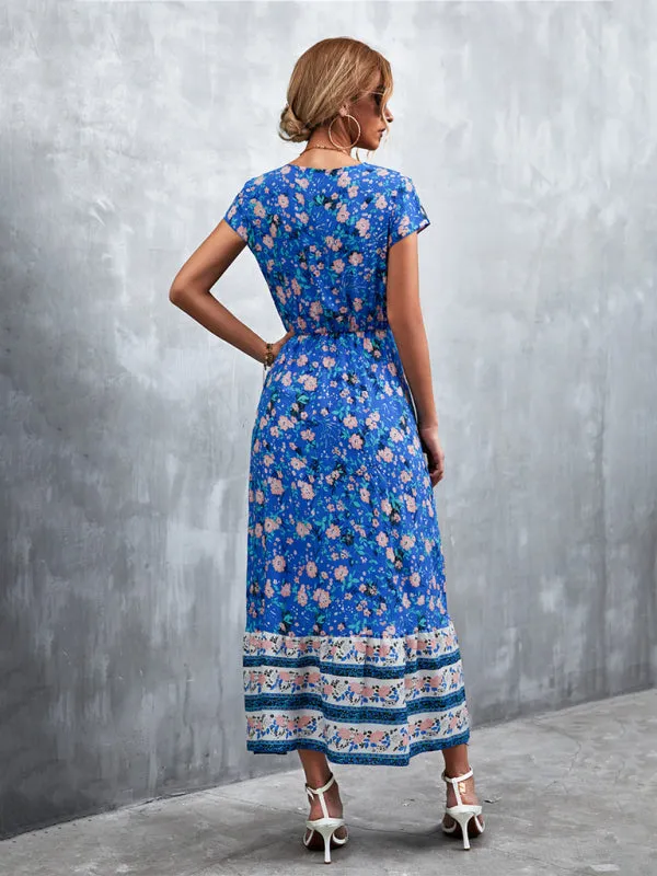 Floral V-Neck Waist Tie Ruffle Hem Midi Maxi Dress