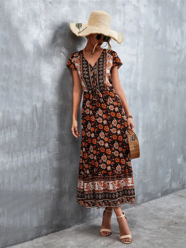 Floral V-Neck Waist Tie Ruffle Hem Midi Maxi Dress