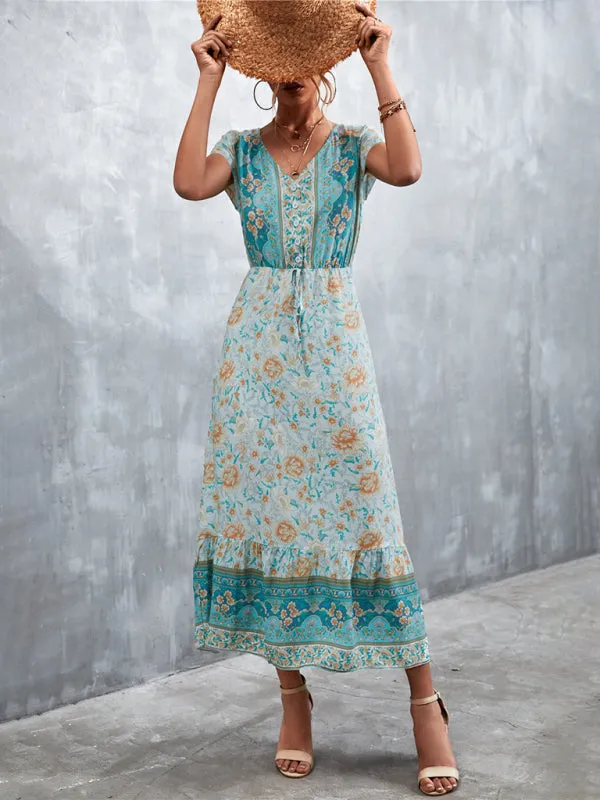 Floral V-Neck Waist Tie Ruffle Hem Midi Maxi Dress