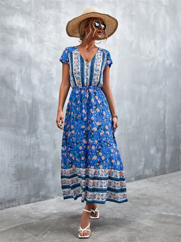 Floral V-Neck Waist Tie Ruffle Hem Midi Maxi Dress