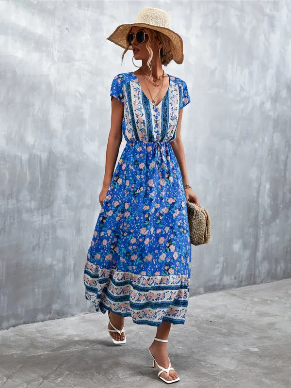 Floral V-Neck Waist Tie Ruffle Hem Midi Maxi Dress