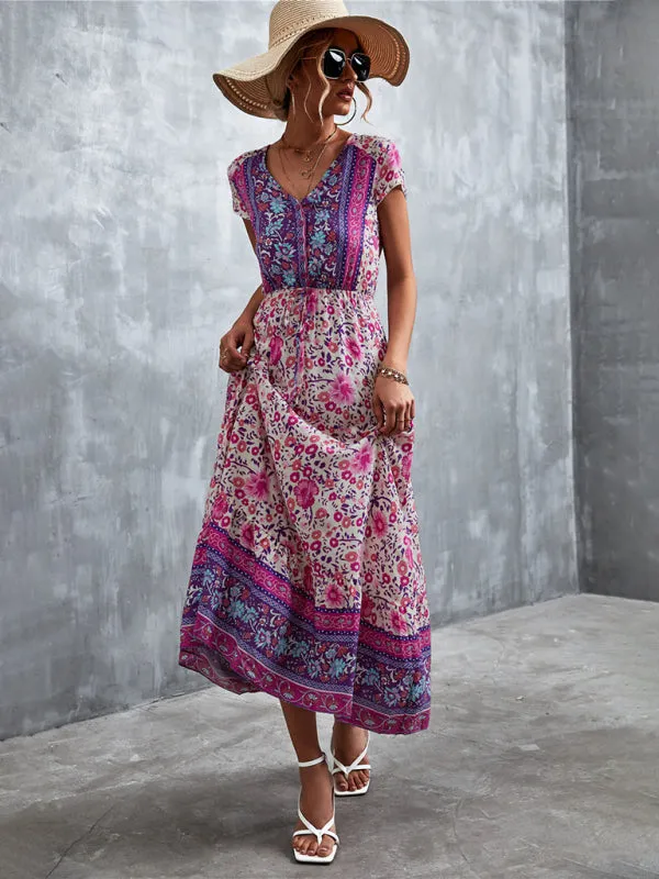 Floral V-Neck Waist Tie Ruffle Hem Midi Maxi Dress