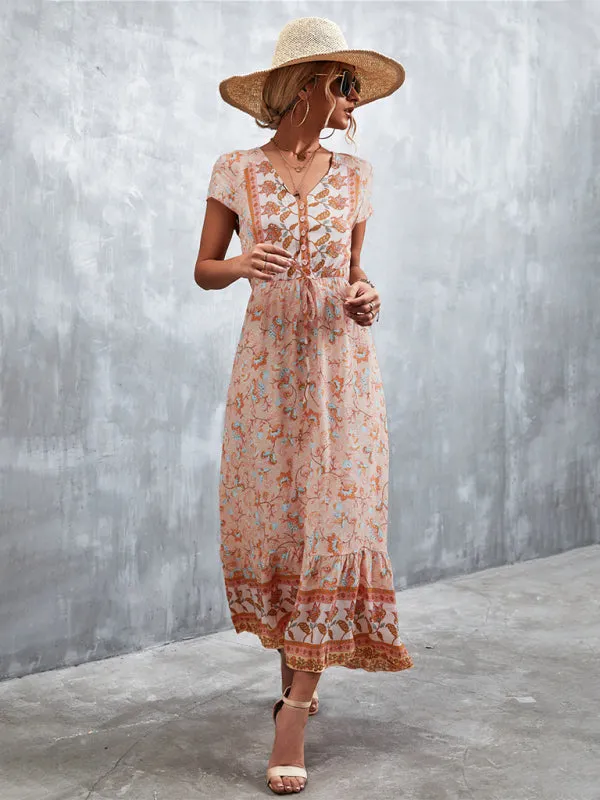 Floral V-Neck Waist Tie Ruffle Hem Midi Maxi Dress