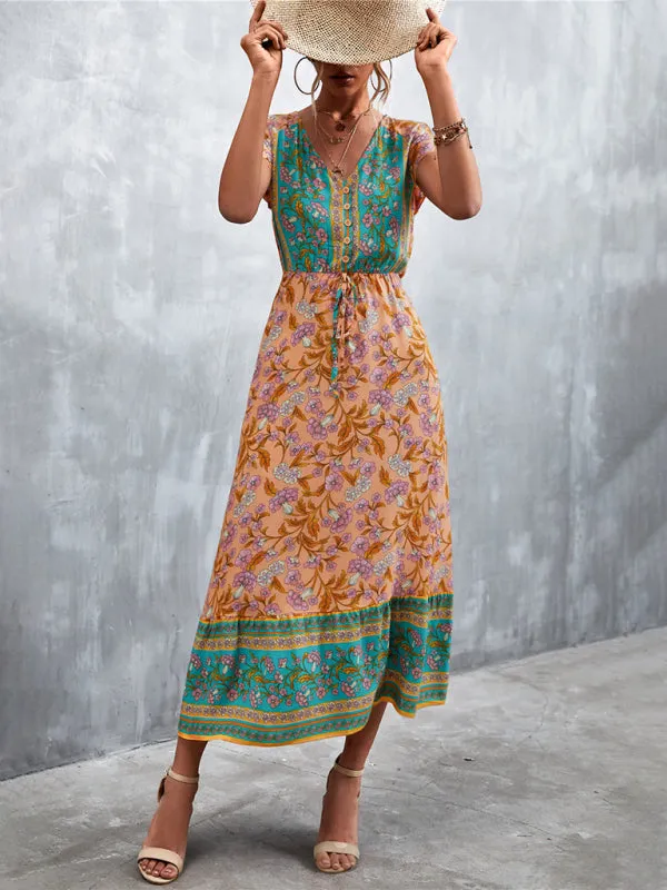 Floral V-Neck Waist Tie Ruffle Hem Midi Maxi Dress